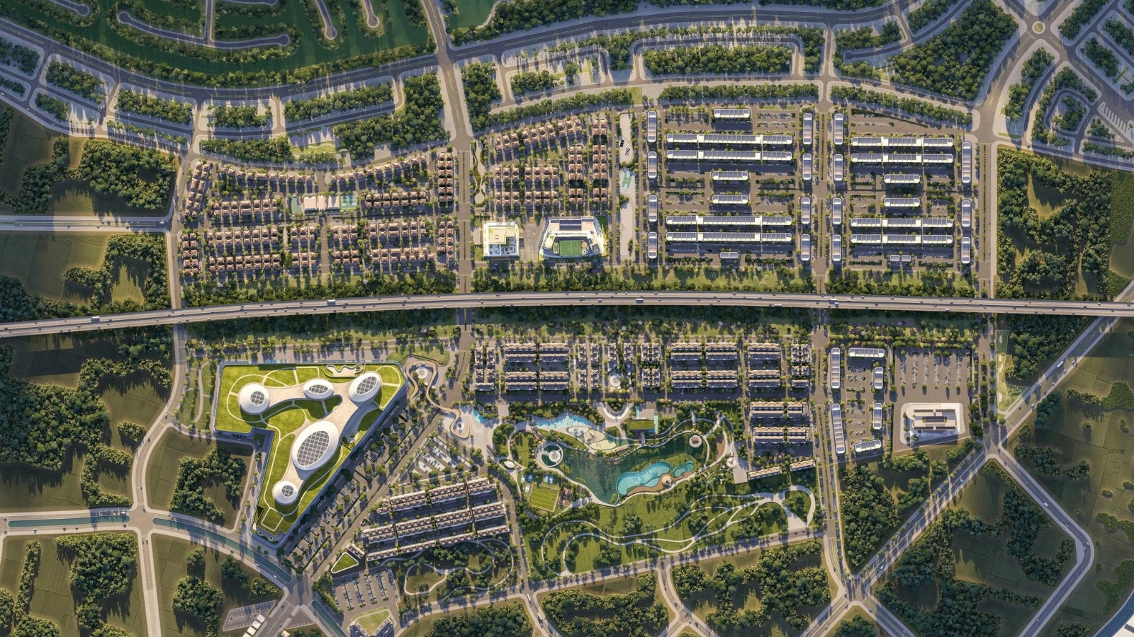 Phối cảnh toàn cảnh phân khu Miền Thương Phú giai đoạn 1 với quy hoạch hạ tầng đồng bộ.